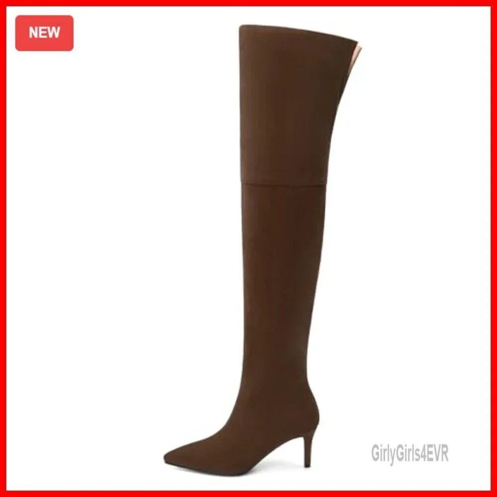 Thigh High Over Knee Boots Pointed Toe 2.4 Inch Heel Wide Calf Side Zipper